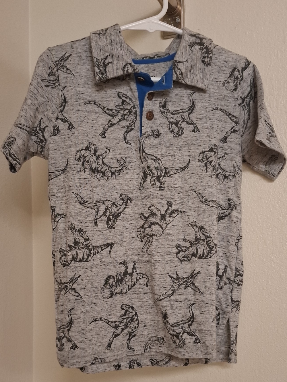 Sonoma Gray Polo with Black Dino Print and Blue Placket Trim